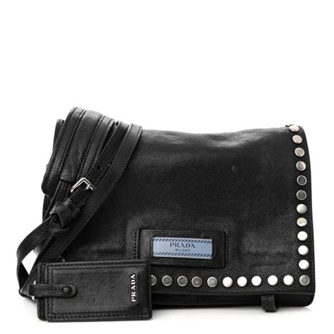 PRADA Glace Calfskin Studded Etiquette Flap Black